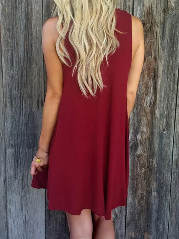Wholesale Round Neck Plain Sleeveless Flounced Hem Burgundy Mini Dress