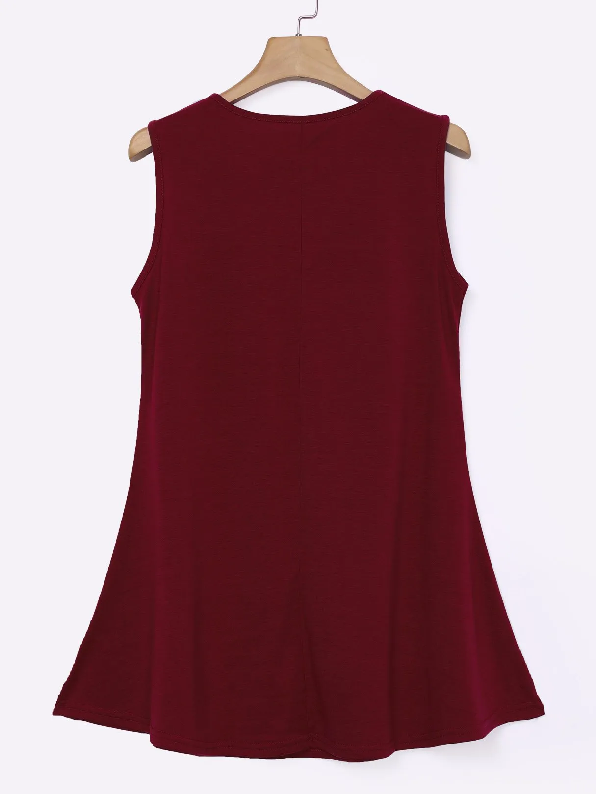Wholesale Round Neck Plain Sleeveless Flounced Hem Burgundy Mini Dress