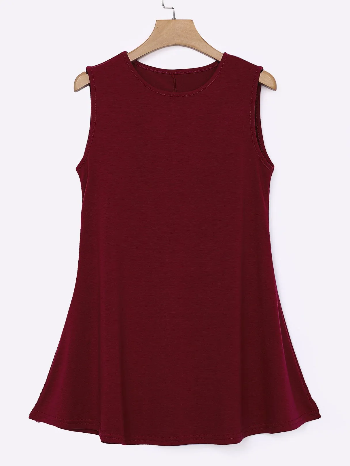 Wholesale Round Neck Plain Sleeveless Flounced Hem Burgundy Mini Dress
