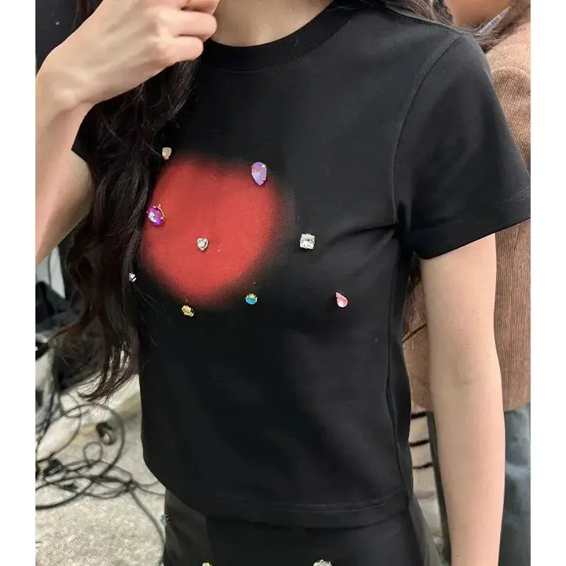 Y2k Korean Fashion Kpop Crop Top White Harajuku Vintage American Retro Broken Drill Tshirt Summer Women