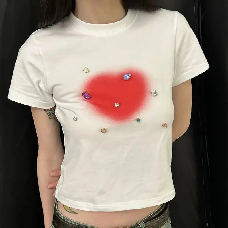 Y2k Korean Fashion Kpop Crop Top White Harajuku Vintage American Retro Broken Drill Tshirt Summer Women