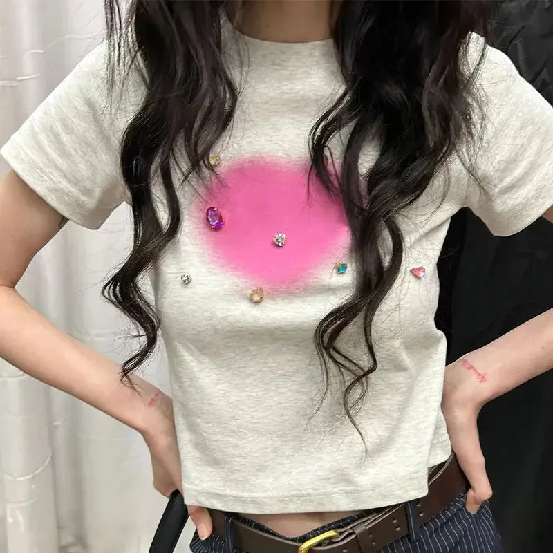 Y2k Korean Fashion Kpop Crop Top White Harajuku Vintage American Retro Broken Drill Tshirt Summer Women