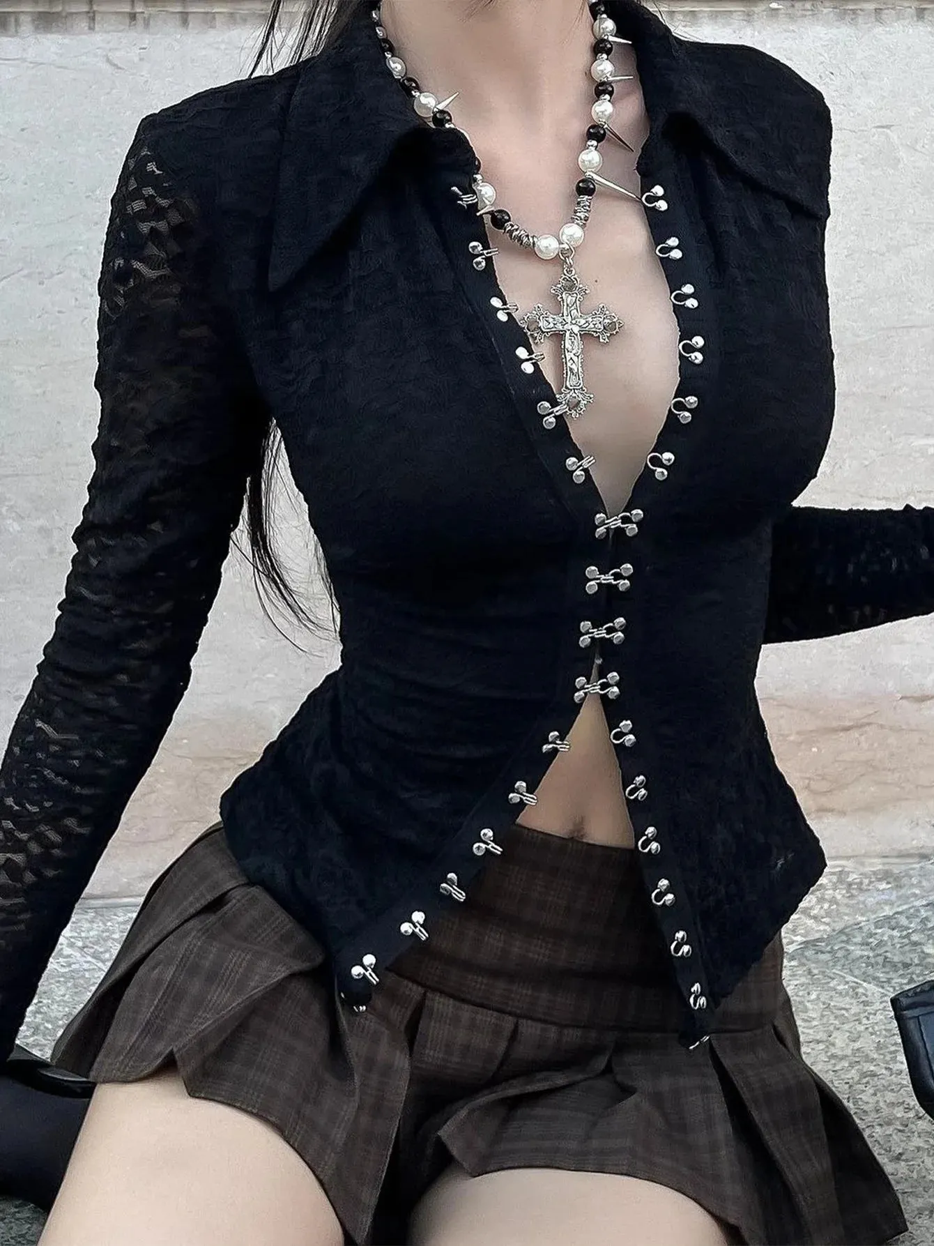 Y2k Long Sleeve Tops Korean Fashion Black Blue Lace Shirts for Women Autumn 2024 P16-EC25