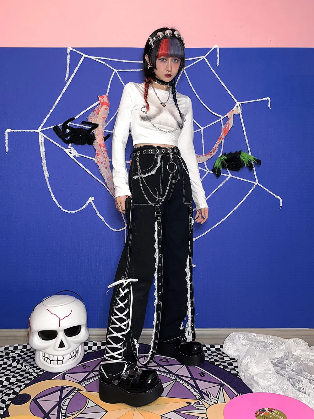 Y2K Punk Goth Emo Hot Girls Street Style Pants Dark Black Denim Jeans