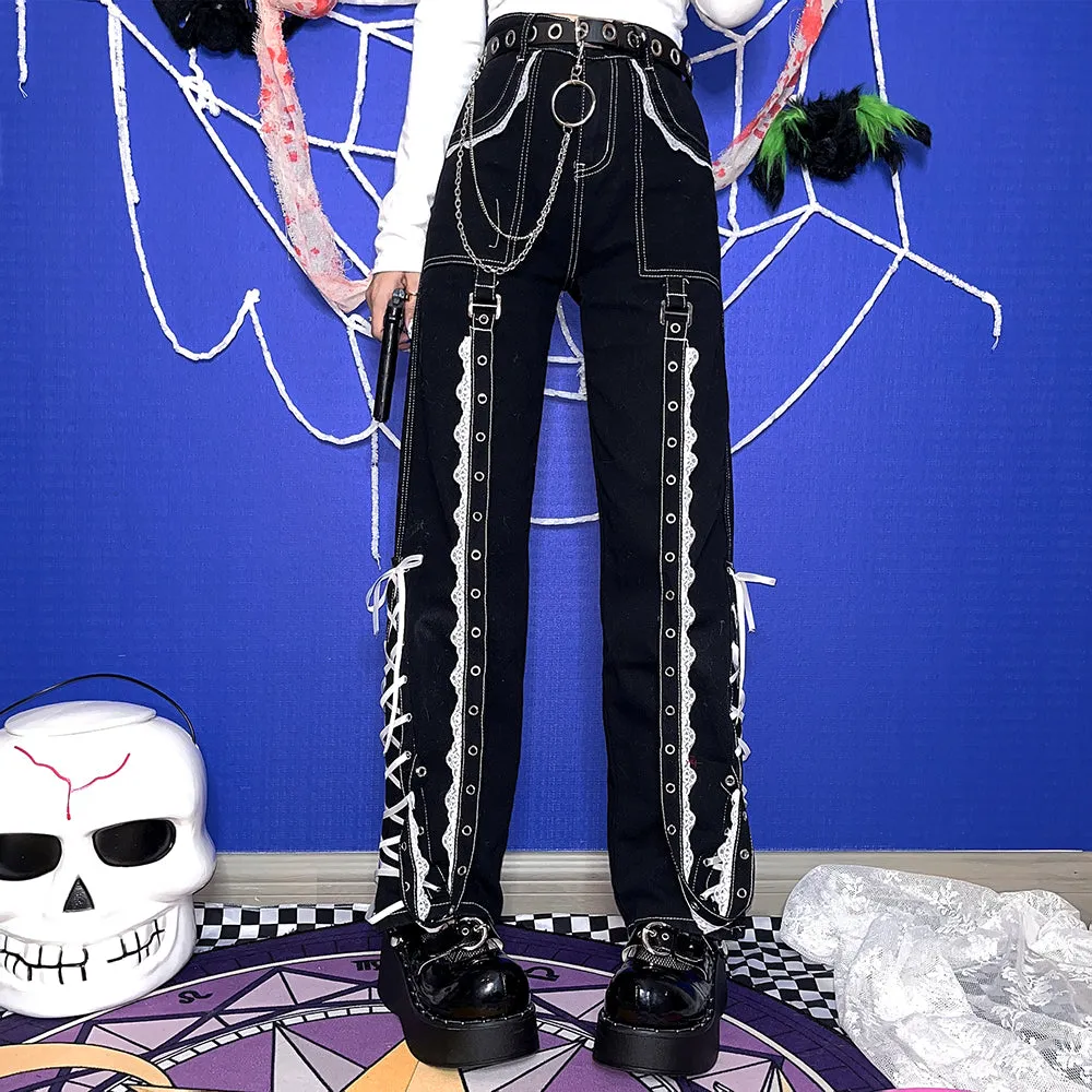 Y2K Punk Goth Emo Hot Girls Street Style Pants Dark Black Denim Jeans