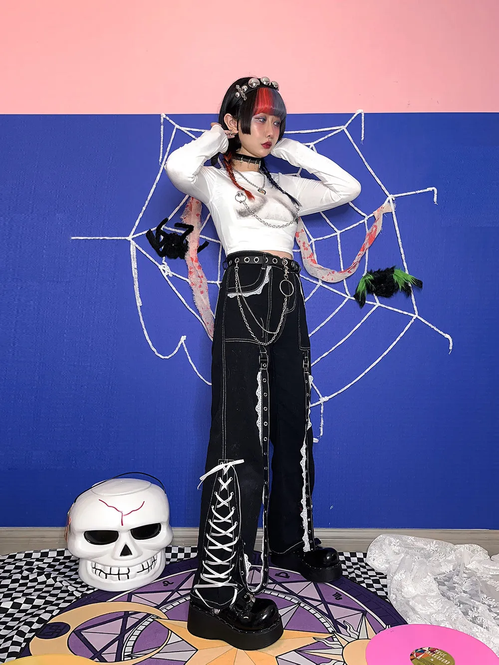 Y2K Punk Goth Emo Hot Girls Street Style Pants Dark Black Denim Jeans