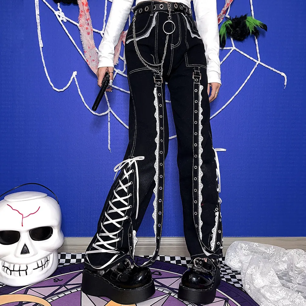 Y2K Punk Goth Emo Hot Girls Street Style Pants Dark Black Denim Jeans